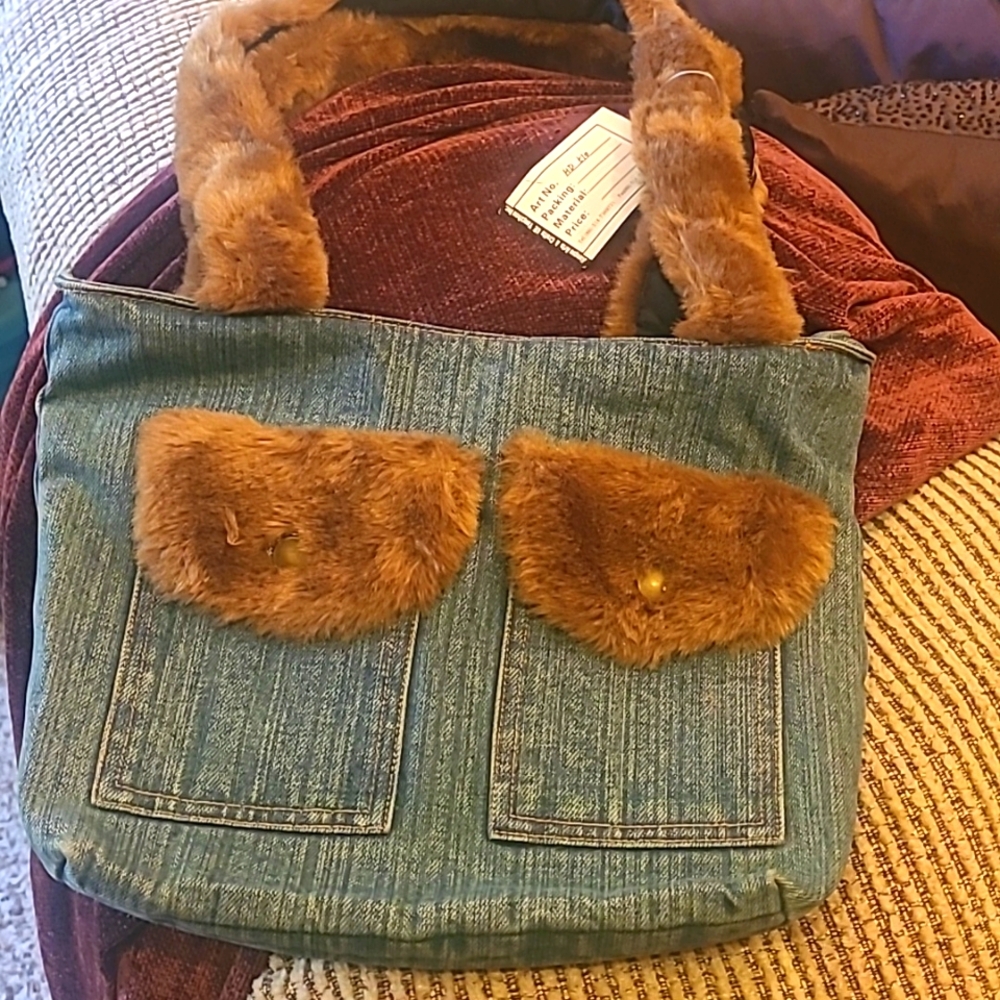 CUTEST Denim and Faux Fur Purse NWT